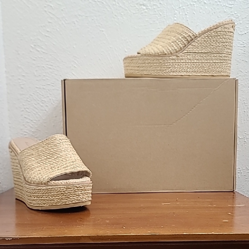 Aldo Midsommar Tan Wicker Textile Womens Wedge Open Sandals Size 6.5